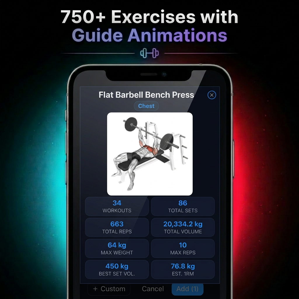 750+ exercises with guide animations and per-exercise stats