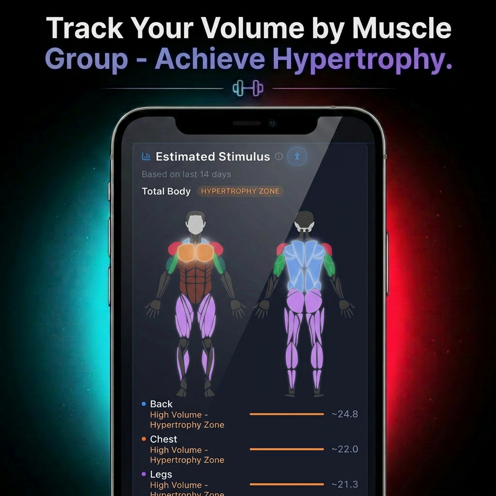 Track your volume by muscle group — estimated stimulus map for hypertrophy