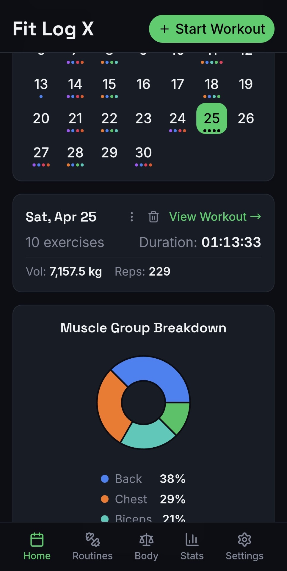 FitLog X home calendar with workout summary