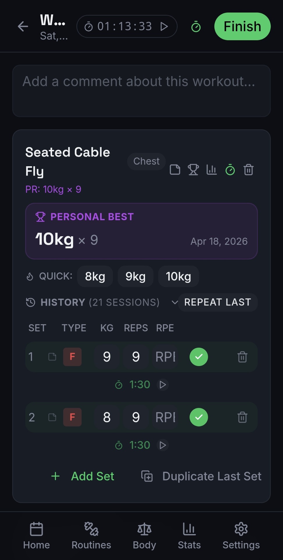 Logging a Seated Cable Fly workout in FitLog X